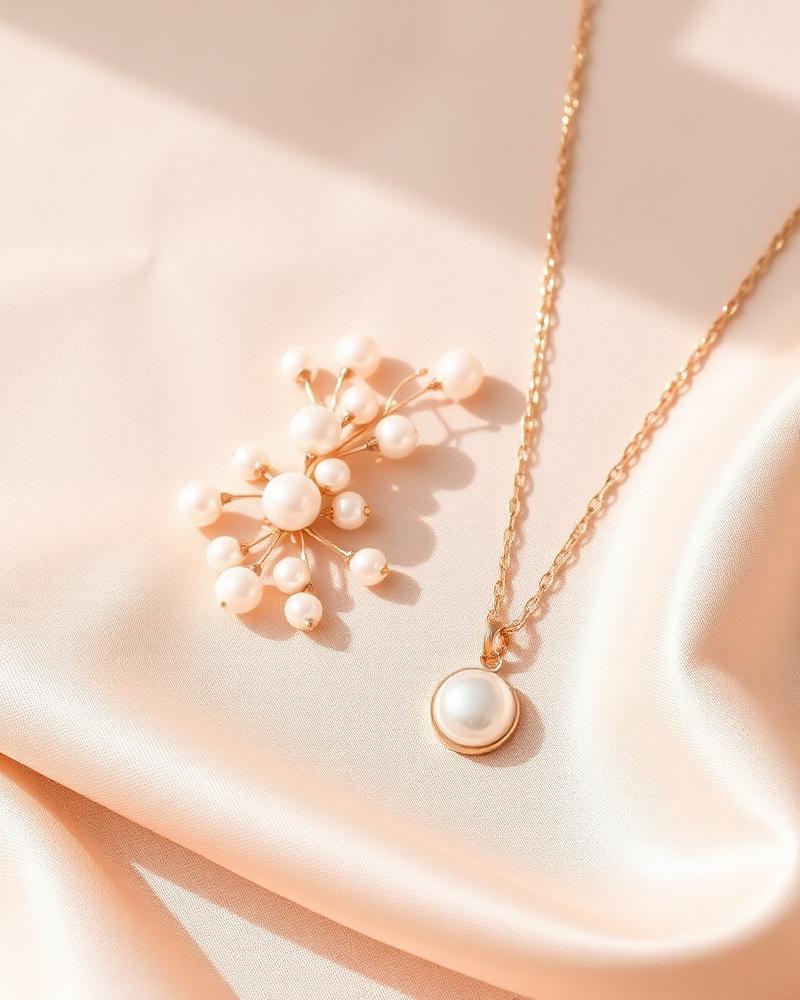 Soft styled flat lay of jewellery, perfume, and silk